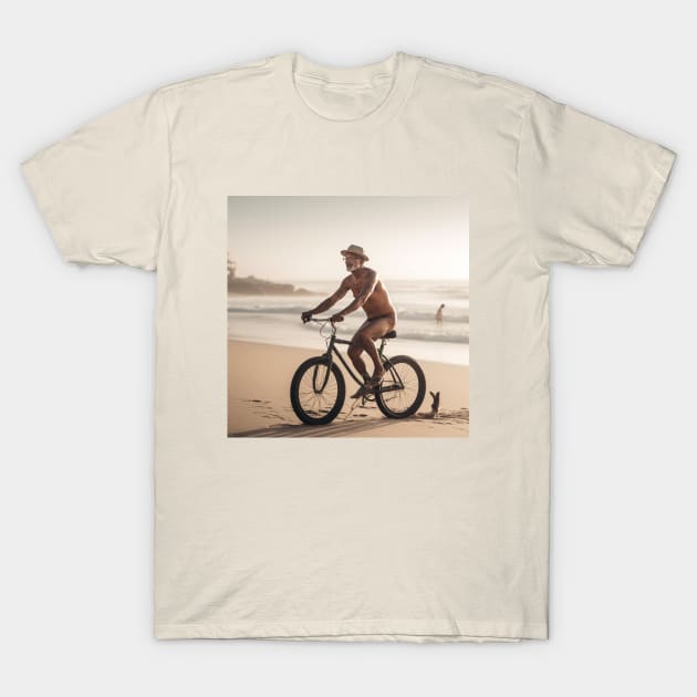 Elderly jolly man on bicycle riding on beach T-Shirt by KOTYA